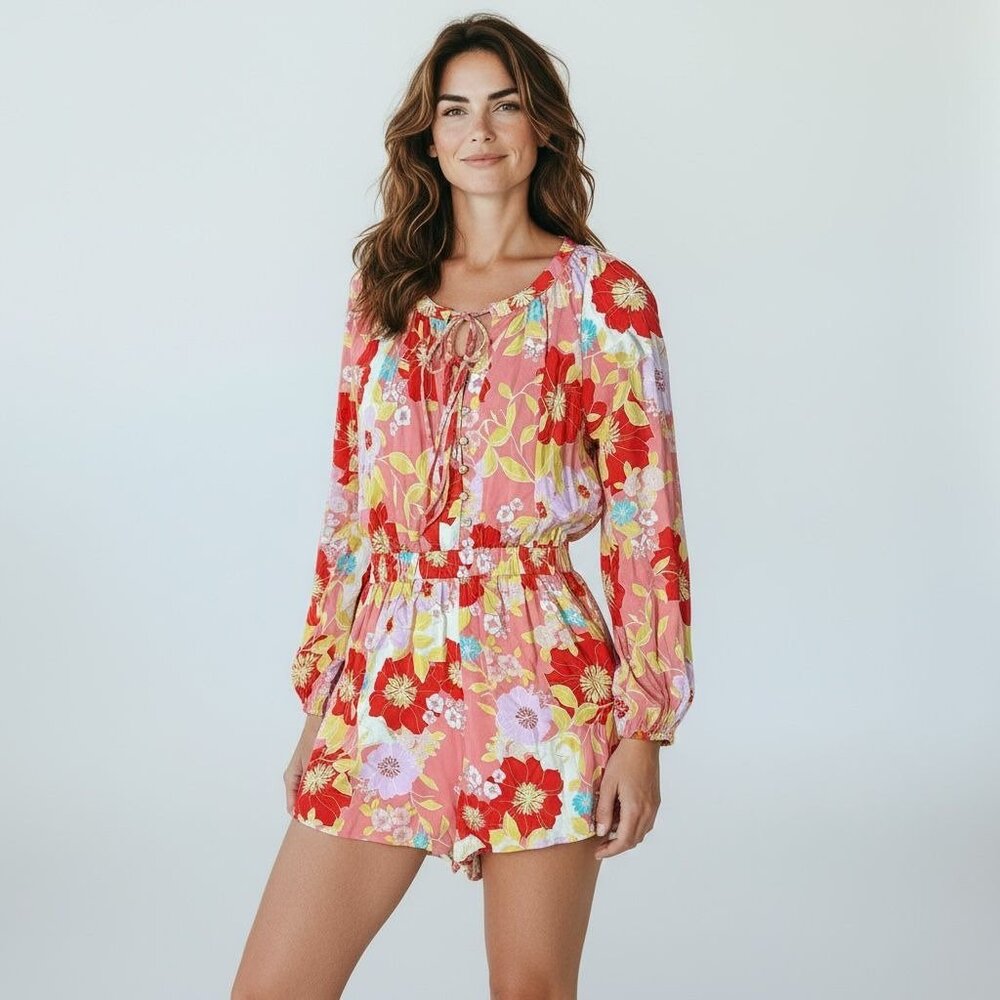 Floral Long Sleeve Romper With Lace-Up Neckline Emily Wonder Size M